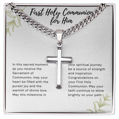 Celebrate His Faith with Cuban Chain & Cross Necklace, Personalized for First Communion