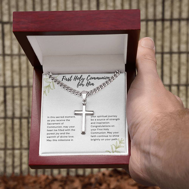 Celebrate His Faith with Cuban Chain & Cross Necklace, Personalized for First Communion