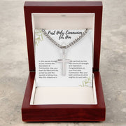 Celebrate His Faith with Cuban Chain & Cross Necklace, Personalized for First Communion