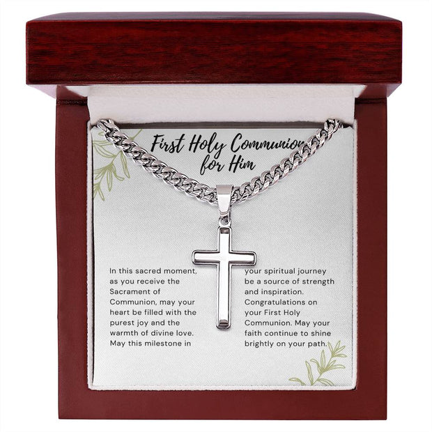 Celebrate His Faith with Cuban Chain & Cross Necklace, Personalized for First Communion